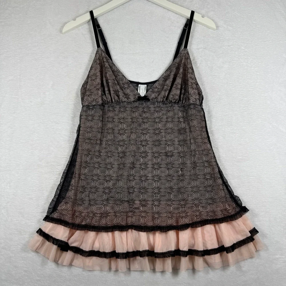 Jessica Simpson Black Pink Lace Ruffle Babydoll‎ Chemise JS60630 Womens Medium